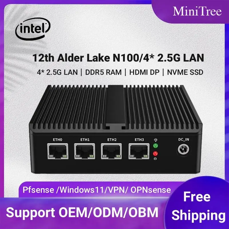 Lüfterloser Mini-PC Intel N100 4Lan Firewall PfSense Appliance 8G DDRR 128G SSD Win11 Linux Compact Industrial Mini Computer 4Cores