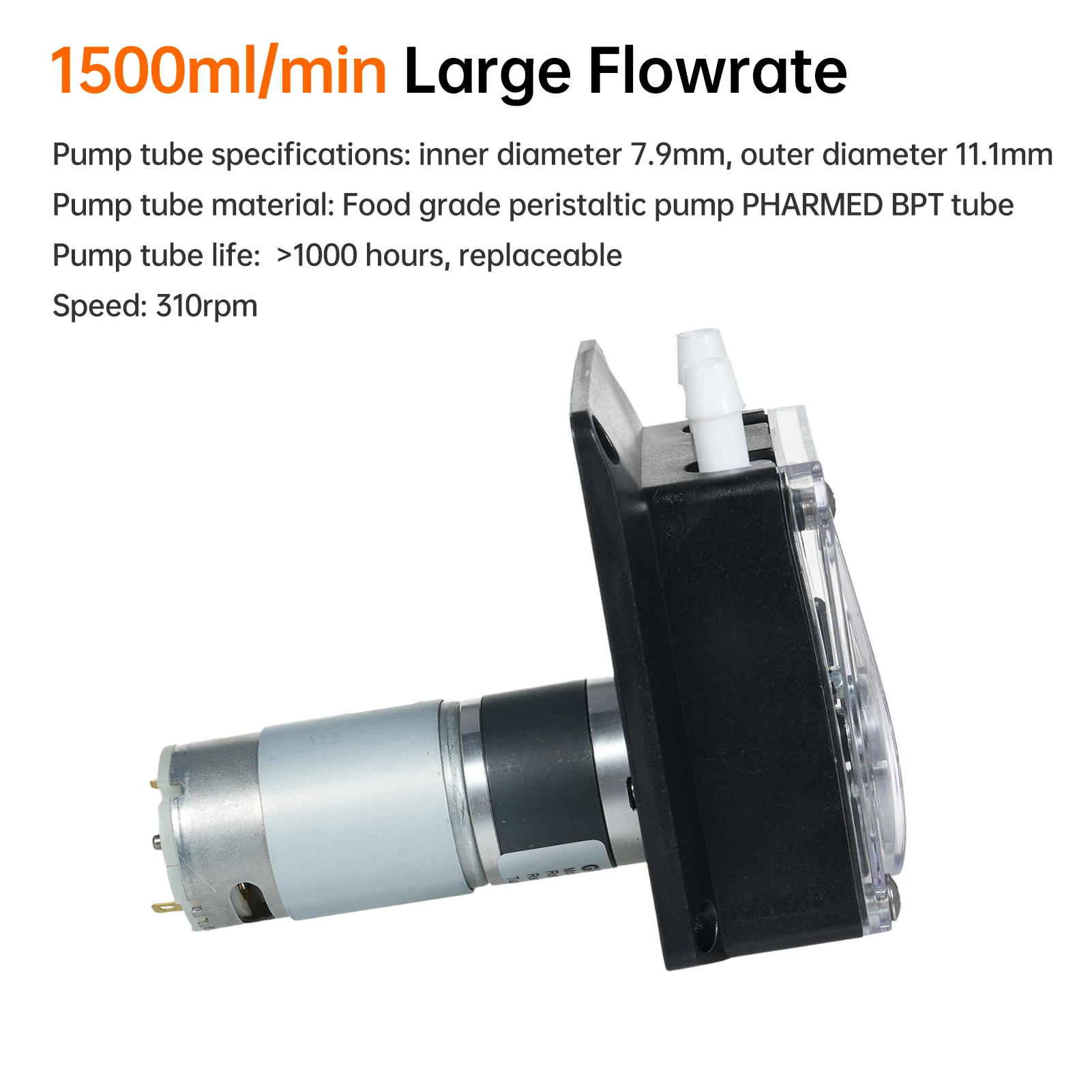 GRO THEN DC 24V Peristaltic Pump Large Flowrate Liquid Dosing Pump 1500ml/min 2 Rollers with Food-grade PHARMED BPT Tube