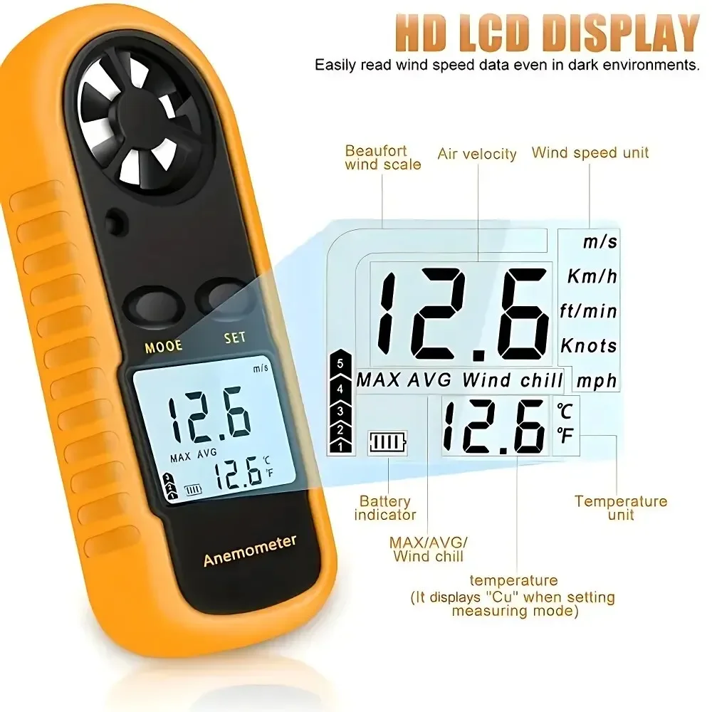 LEC Digital Anemometer Portable Anemometro Thermometer GM816 Wind Speed Meter Windmeter 30m/s LCD -10~45C Temperature Tester