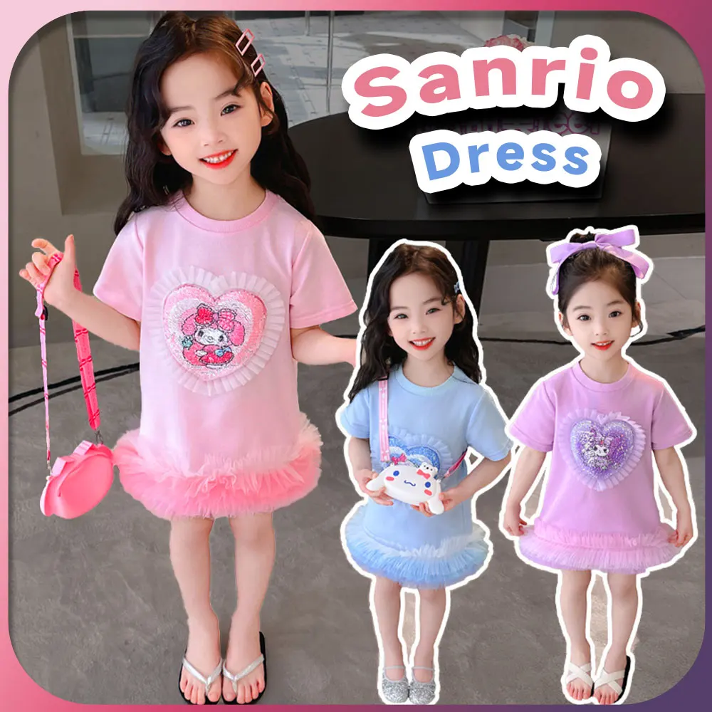 Kawaii Kuromi Girl Dress Sanrio My Melody Cinnamoroll Summer Short Sleeve Cotton Anime Kid Children Clothing Princess Dress