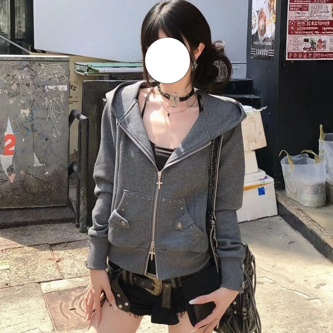 American Style Pure Desire Short Spiked Hoodie Cardigan for Women Autumn Winter Slimming Jacket Y2K Trendy Biker Chic