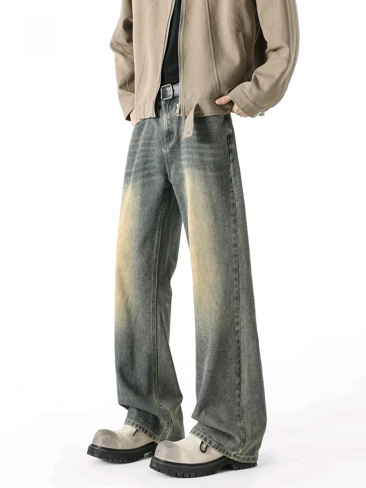 

Американские джинсовые джинсы в стиле ретро, мужские новые свободные прямые модные брюки 2025 года, дышащие весенние джинсы из смеси хлопка