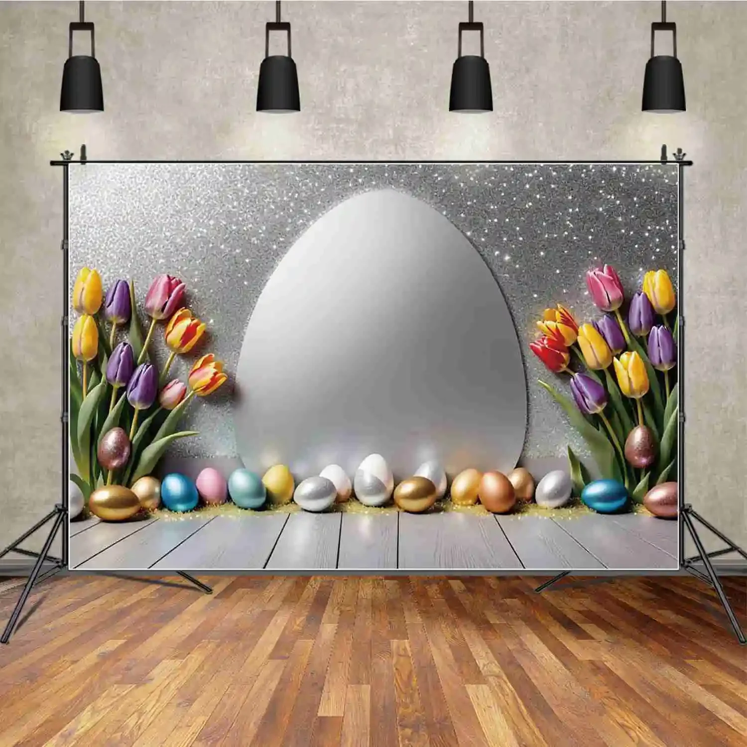 MOON.QG tulipani uova festa di pasqua fotografia sfondo rosa blu rosso oro argento Glitter sfondo Banner Poster Photocall puntelli