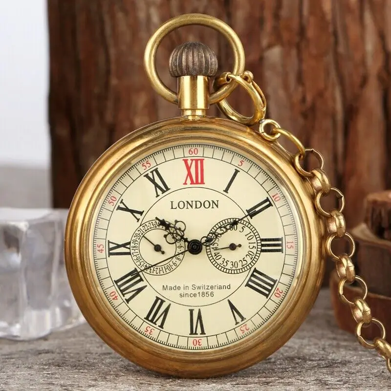 

Mens Vintage Style Mechanical Pocket Watch with Chain Brass Open Face Case Fob Watches Nice Gift