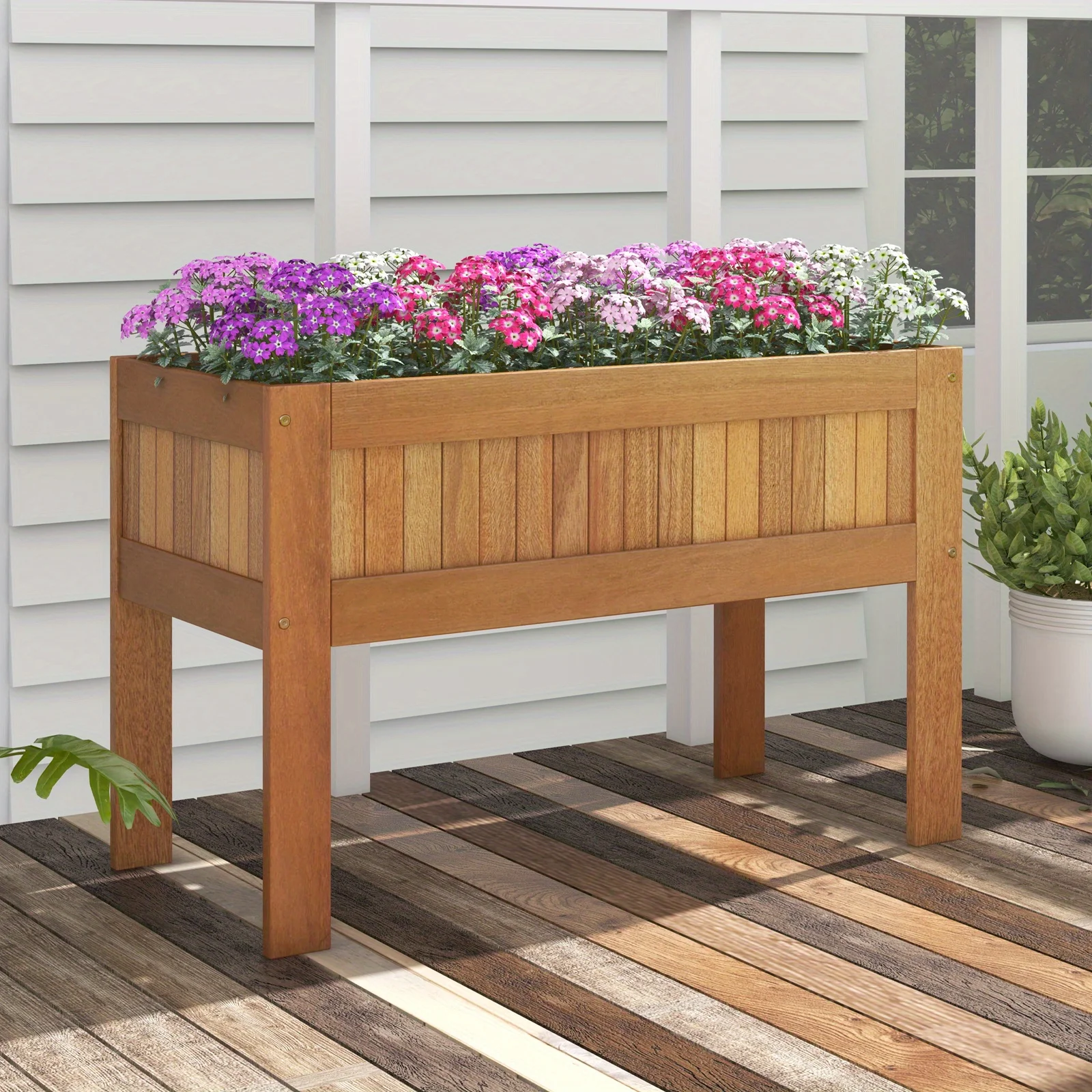

Elevated Wooden Planter Box with Solid Frame & Sturdy Legs, Slatted Bottom for Optimal Drainage, 10" Deep