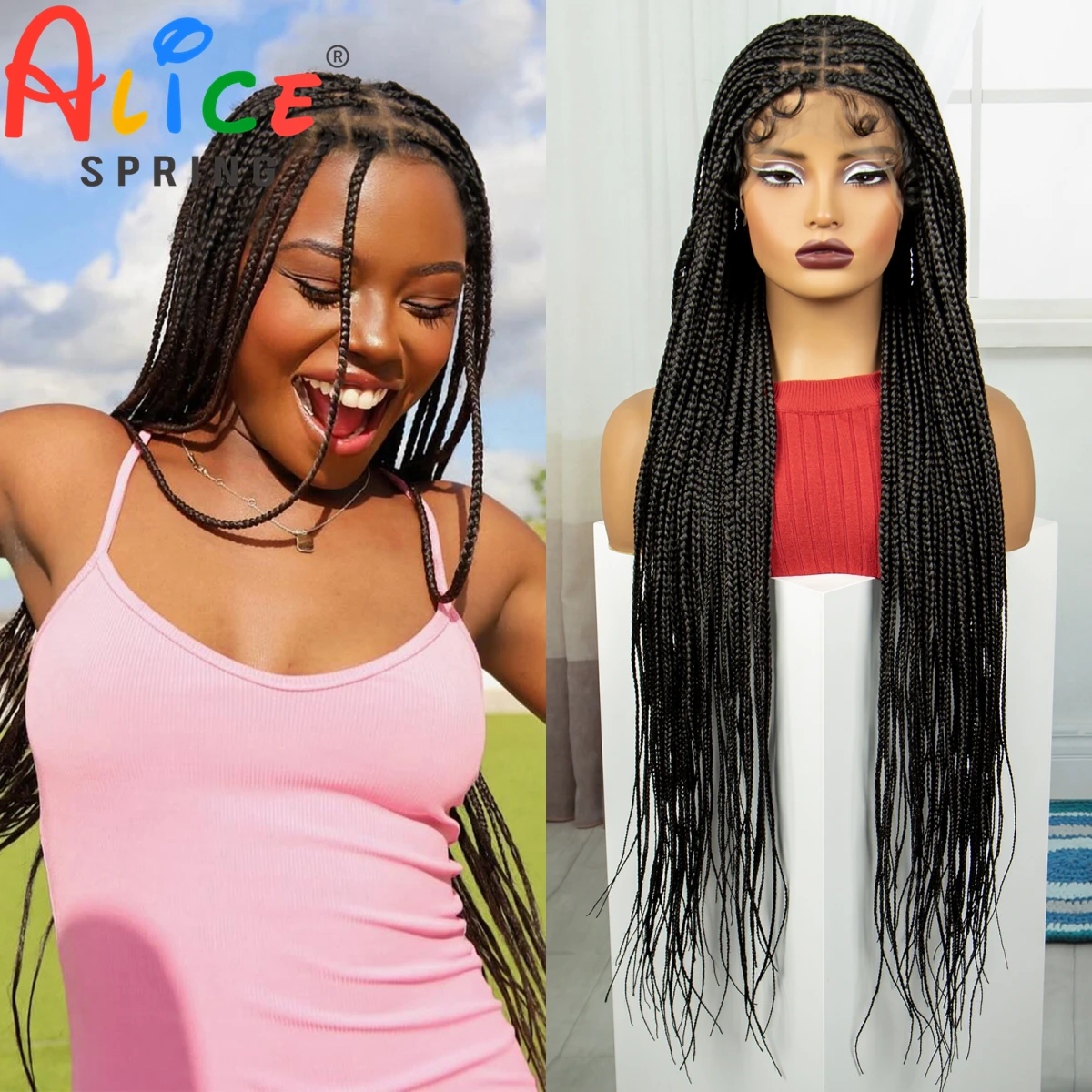 

38Inch Full Lace Knotless Box Braided Wig with Curly Ends Synthetic Natural Boho Braided Lace Wig with Baby Hair for Black Women