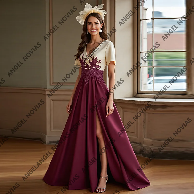 

Customized Burgundy A Line Mother of the Bride Dresses with Split Wedding Evening Party Gowns Vestido Invitada Boda