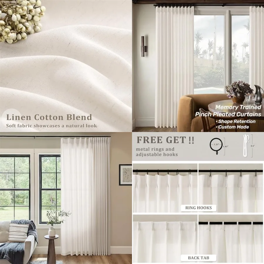 

Pinch Pleated 102 Inch Curtains 72 Inch Width for Living Room Divider Light Filtering Semi Sheer Cream Extra Wide Patio Curtain