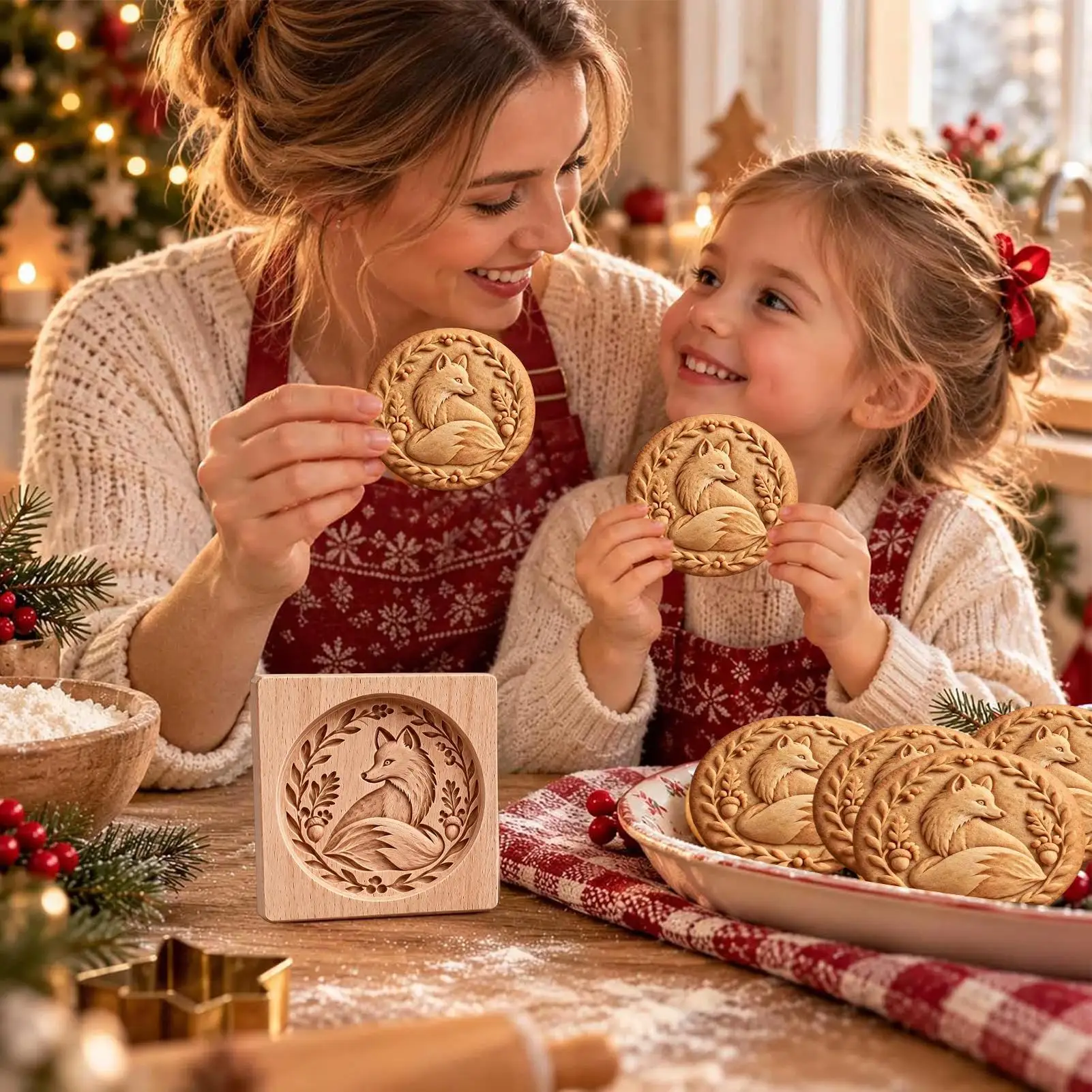 1PC Wooden Cookie Molds for Christmas, DIY 3D Engraved Animals Patterns Embossed Biscuits Gingerbread Cutter Moulds