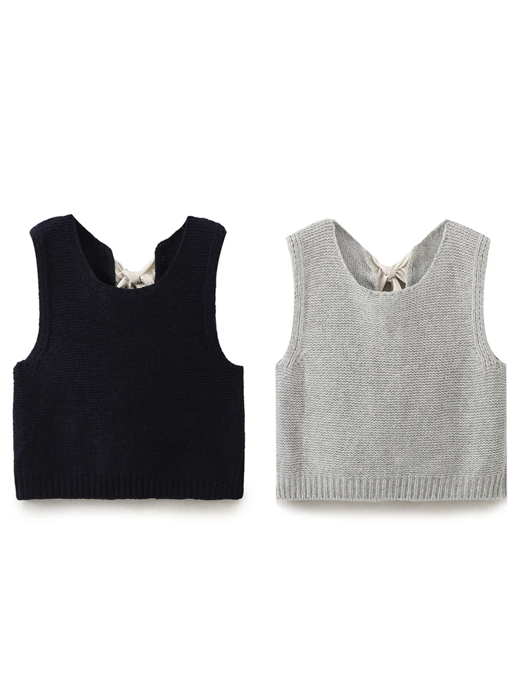 KAOPU ZA Women with bow knit tank top vintage o-neck sleeveless female waistcoat chic tops