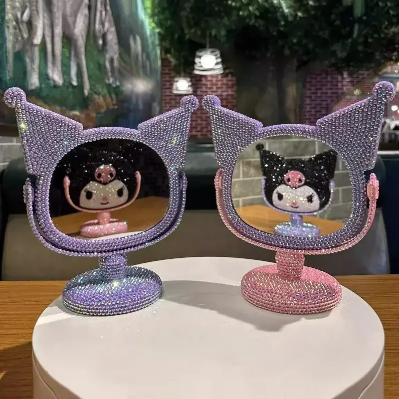 Sanrio Kuromi cute girls creative sweet cartoon handmade diamond revolving makeup mirror as a birthday gift for best friend