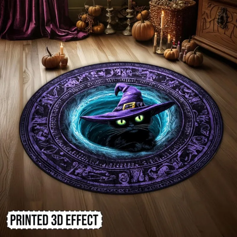 

Witch Hat Rug 3D Black Cat Purple Blue Vintage Glow in Dark Mystical Runes Living Room Bedroom Party Decor Magic Carpet Fashion