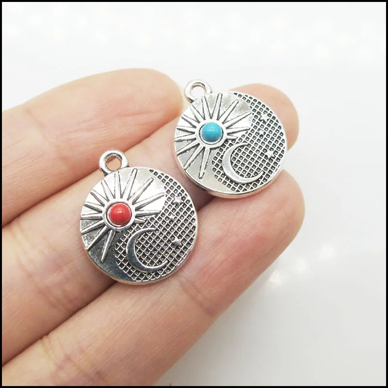 12Pcs Retro Tibetan Silver Plated Moon Sun Star Blue&Red Stone Charms Pendants 18x21mm