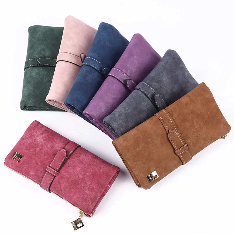 

2024 New Women Wallets Fashion Ladies Multi-card Coin Purse Drawstring Nubuck Leather Zipper Long Two Fold Solid Color Clutches