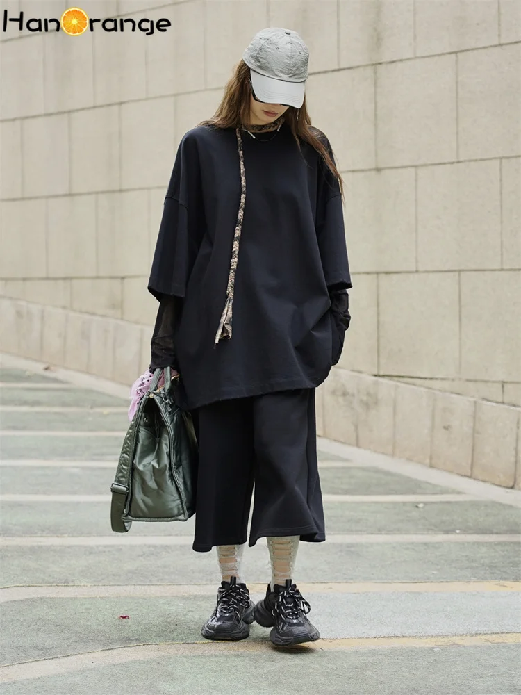 HanOrange 2025 Frühherbst-Garnärmel 600 g Baumwoll-T-Shirt für Damen, lässiges Top, T-Shirts, Weiß/Schwarz/Gelb