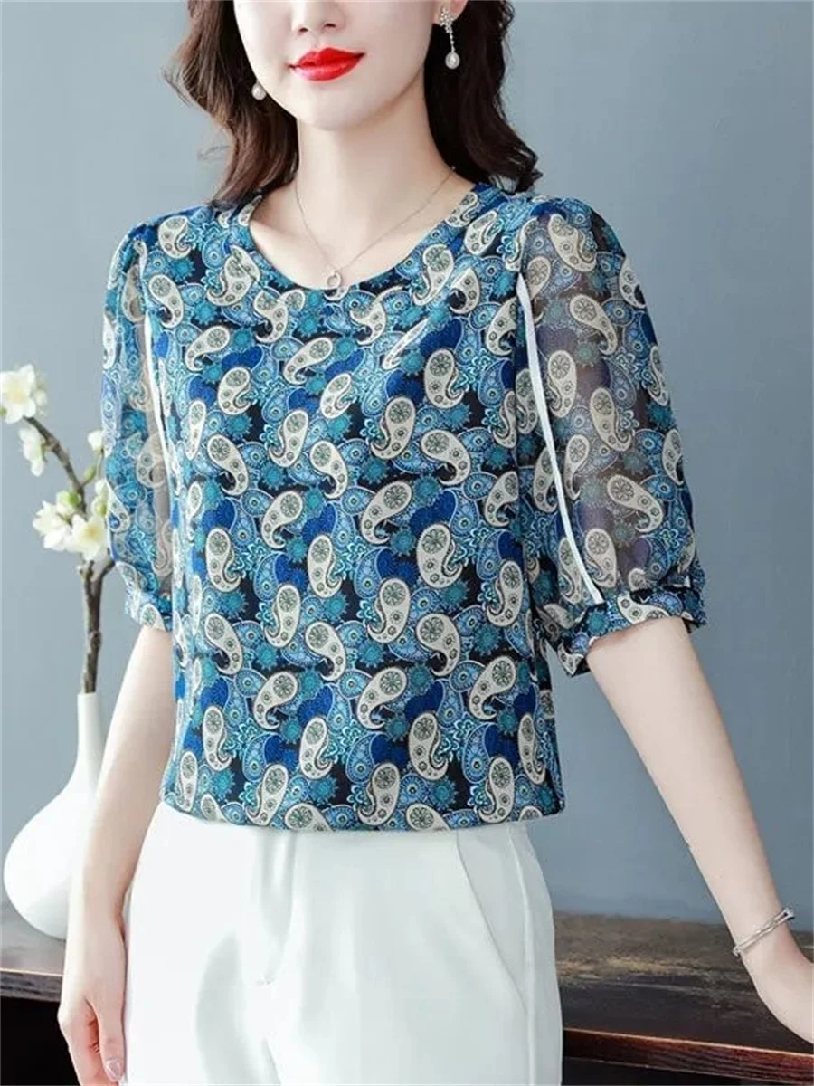 

Женская шифоновая блуза с коротким рукавом-фонариком и круглым вырезом, ZZ1516