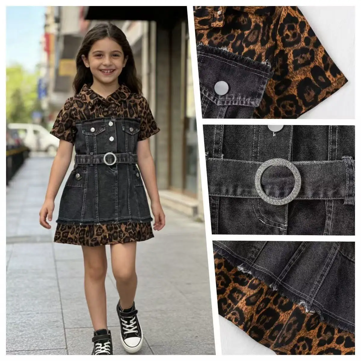 

Girls Summer Leopard Print Denim Patchwork Dress Vintage Fashion Casual Kids Sundress for 2-7Y