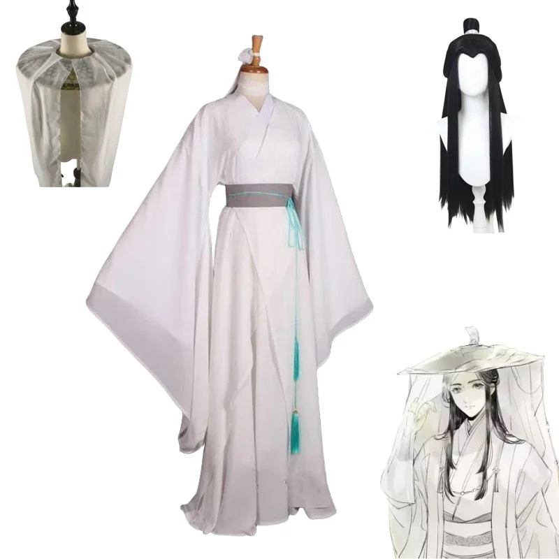 Xie Lian Cosplay disfraz Anime Tian Guan Ci Fu Cosplay Xielian pelucas sombrero de bambú hombres mujeres blanco Han Fu ropa Halloween Prop