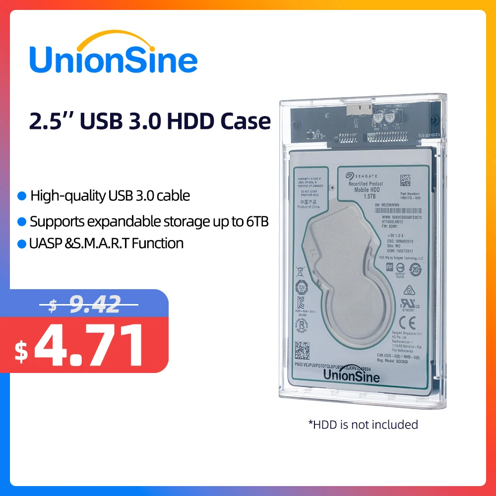 UnionSine USB 3.0 External Hard Drive Enclosure SATA to USB3.0 UASP & TRIM Hard Drive Case 6TB HDD Tool-Free Transparent