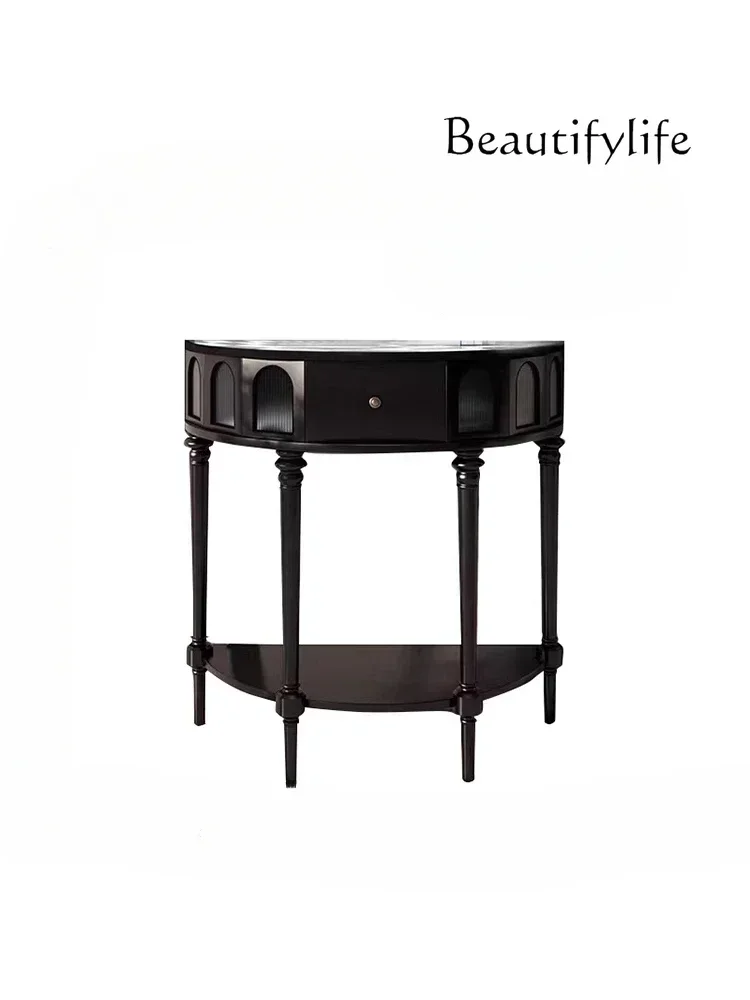 French solid wood porch cabinet, semi-round table, black checkerboard creative American light luxury, simple entry