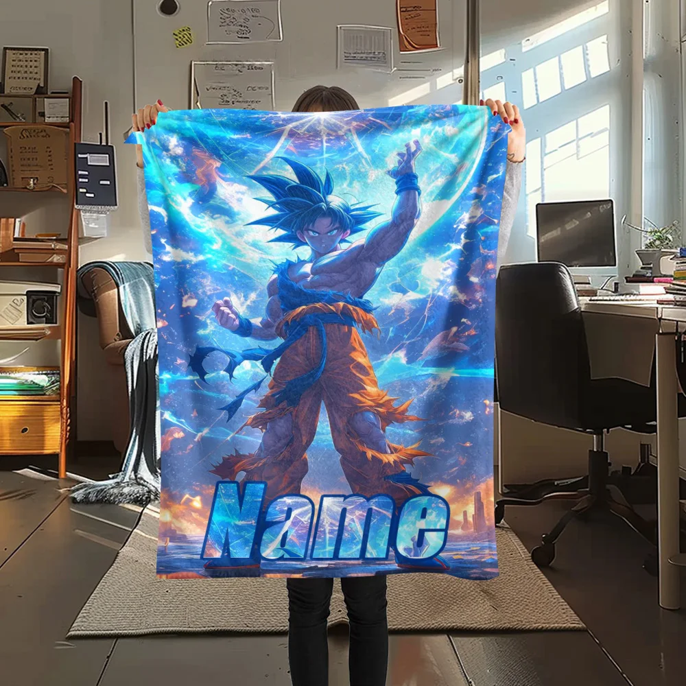 Personalisierte Goku-Flanelldecke mit individuellem Namen, gemütliches, warmes Druckmuster, ideal für Bett, Sofa, Schlafzimmer, Stuhl, Picknick im Freien.-TING