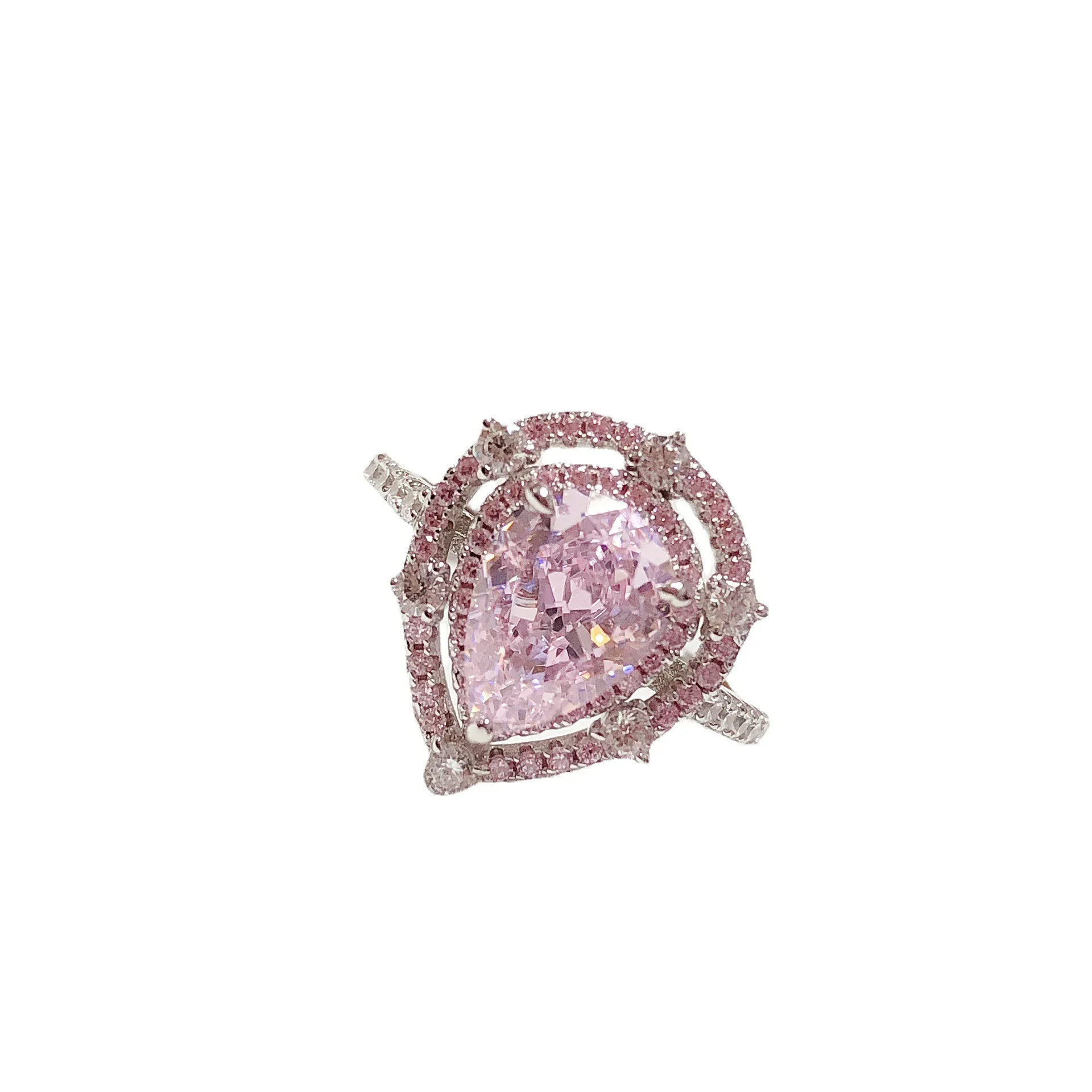 Solid 14K White Gold AU585 Platinum PT950 Pink 2 carati Teardrop Diamond Ring Girly circondato da diamanti rosa