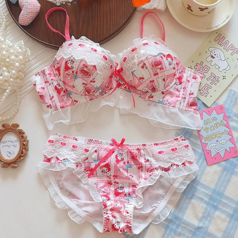 

Sanrio My Melody 2-piece Sexy Bra Set Cartoon Cute Women's Pure Desire Lace Suspender Panties Kawaii Underwear Girl Gift