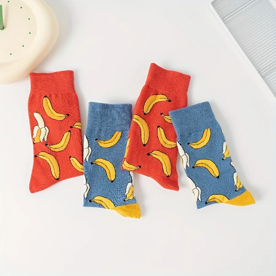 2 pairs of new men's couple fruit banana pattern pure cotton fashion mid-calf socks