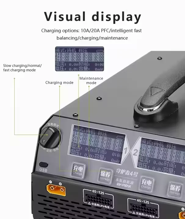EVPEAK U4-XT90 توازن البطارية الذكي شاحن سريع قنوات مزدوجة 1600 وات 20 أمبير لبطاريات 6S-12S طاقة إخراج 15 وات مصنوعة من البلاستيك