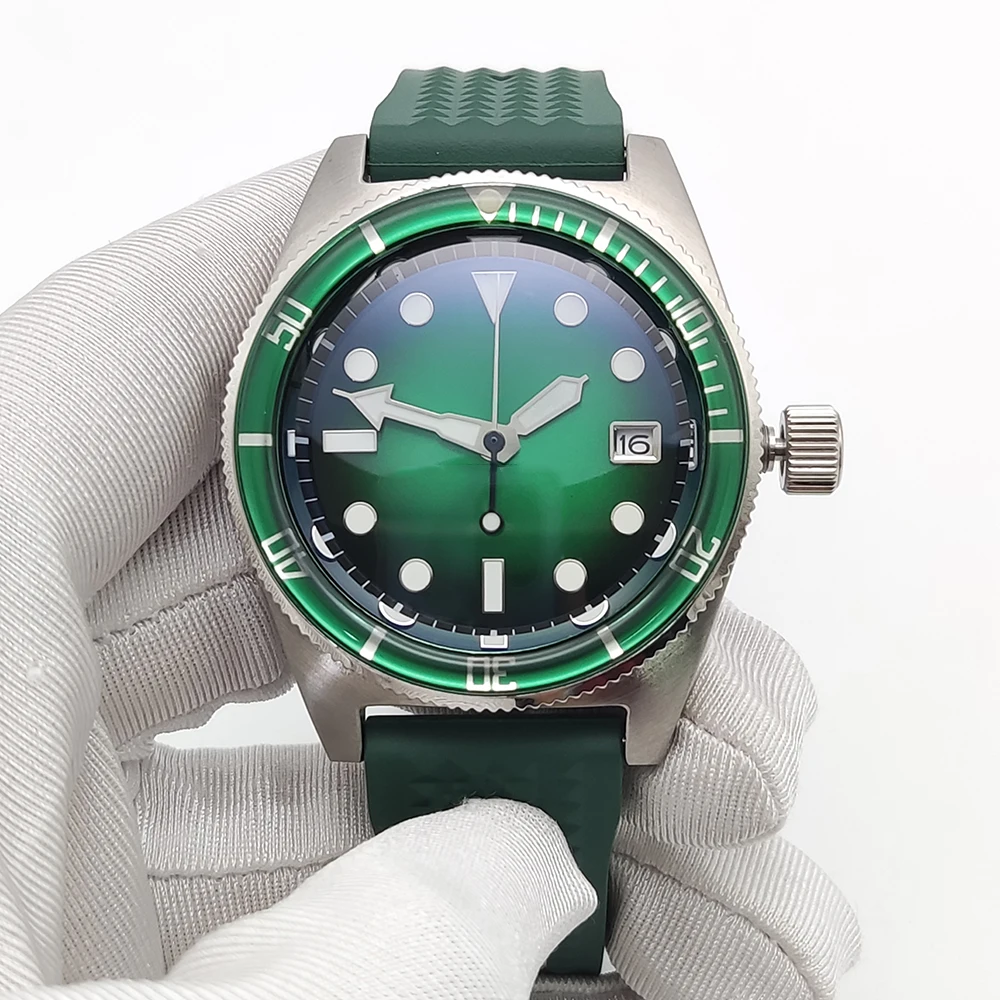 Мужские автоматические повседневные деловые механические часы NH35 с сапфировым стеклом и зеленым стерильным циферблатом, модные часы с резиновым ремешком