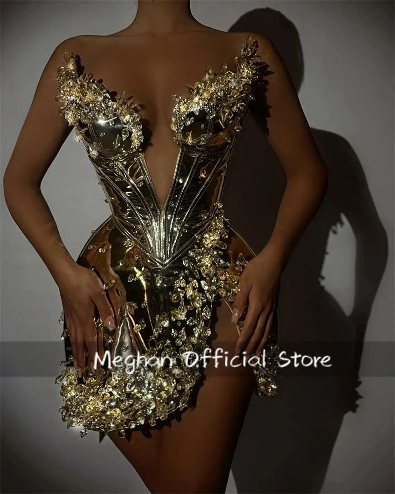 New Arrival Gold Mini Prom Dresses 2025 Bead Crystals Cocktail Dresses For Women Pageant Gown Vestidos De Noche Customized