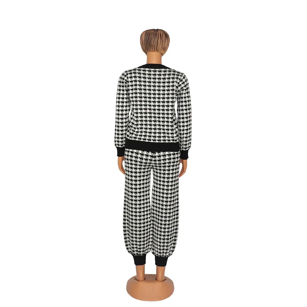 2022 Autumn and winter ladies streetwear casual suit houndstooth button coat trousers two piece pants set women clothing