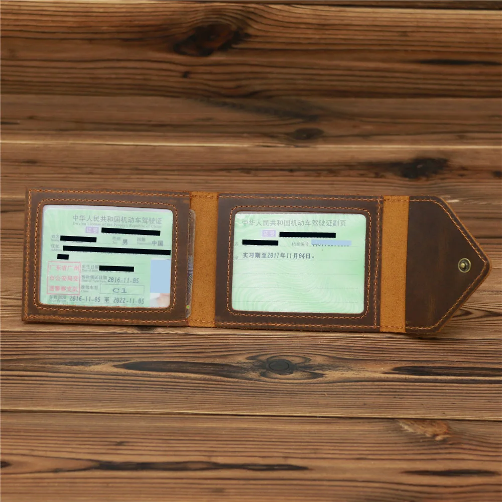 Snap Button Genuine Leather Card Holder for Men Crazy Horse Leather Cover for Driving License ID Cards Credit Card
