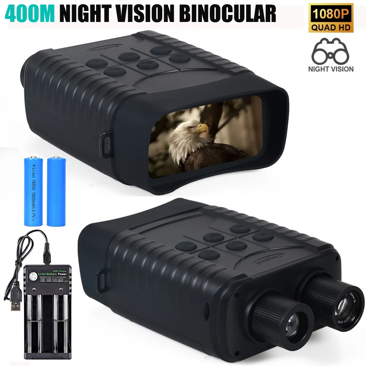 1080P Night Vision Goggles 10X Digital Zoom 3 Inch HD Display Rechargeable Night Vision Binoculars for Adults Wildlife Observation Camping Security Monitoring Outdoor Hunting