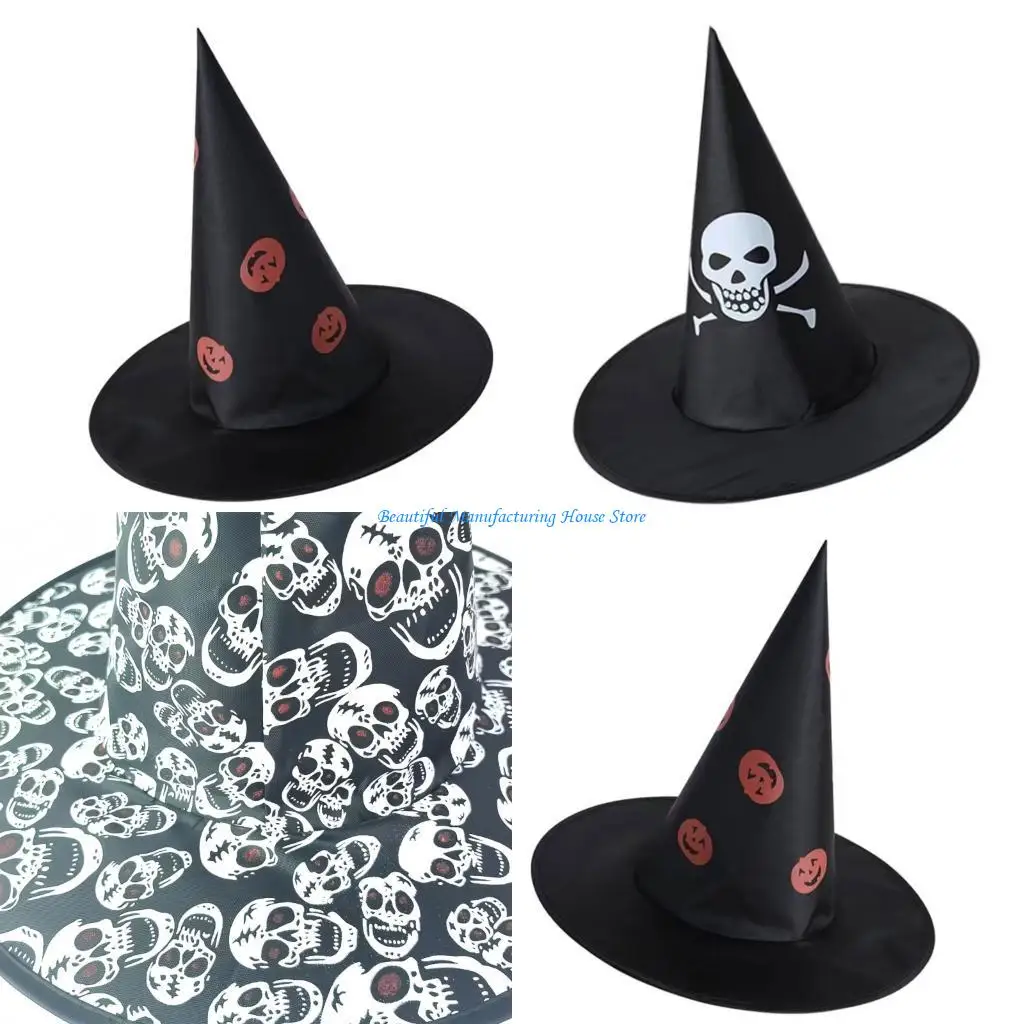 E56A Zusammenklappbarer Hexenhut mit Skelettmotiv, Premium-Polyesterstoff für Halloween-Partys und Bühnenauftritte