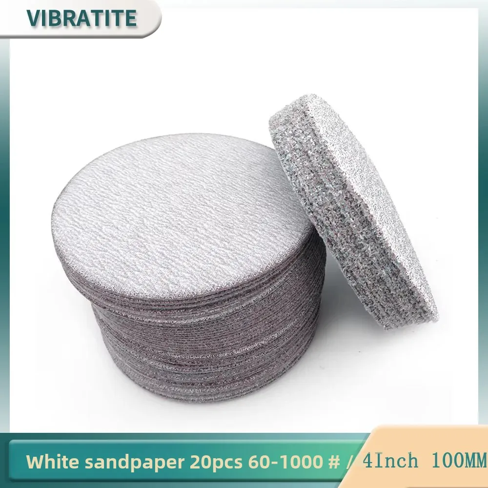 20PCS 4 Inch 100mm White Dry Abrasive Sandpaper Sanding Discs Hook and Loop 60-1000 Grit For Polishing Wall Mental Furniture