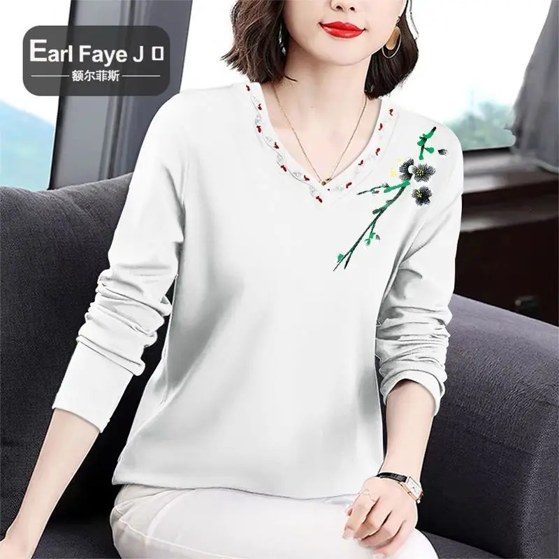 Embroidery Floral Printed V Neck Loose Cotton Basic Tee T Shirt Femmes 2023 Spring Autumn Women Casual Long Sleeve Tops Clothing