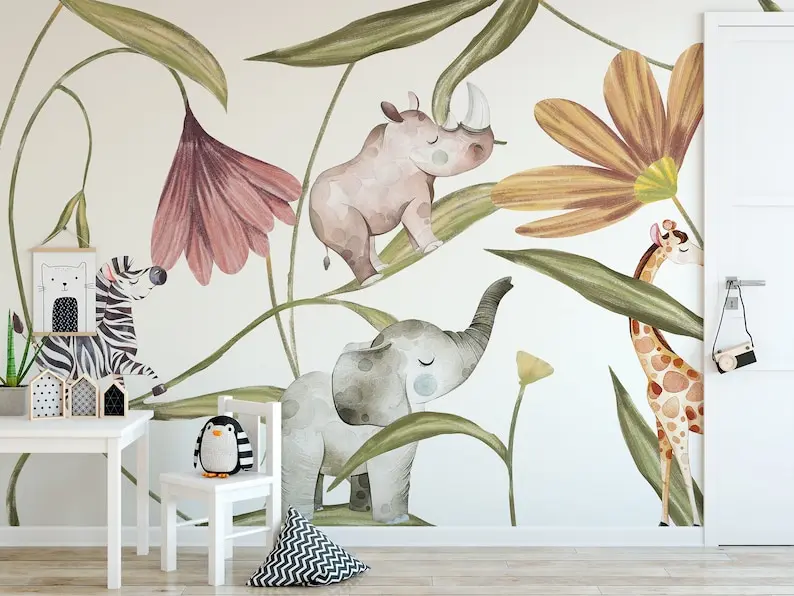 Kids Wallpaper Peel and Stick Safari Animals with Flowers Wall Mural