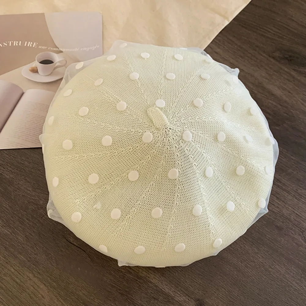 

Fashion Korean Polka Dot Berets New Mesh Knit Painter Caps Y2k Lace Beanie Cap Streetwear