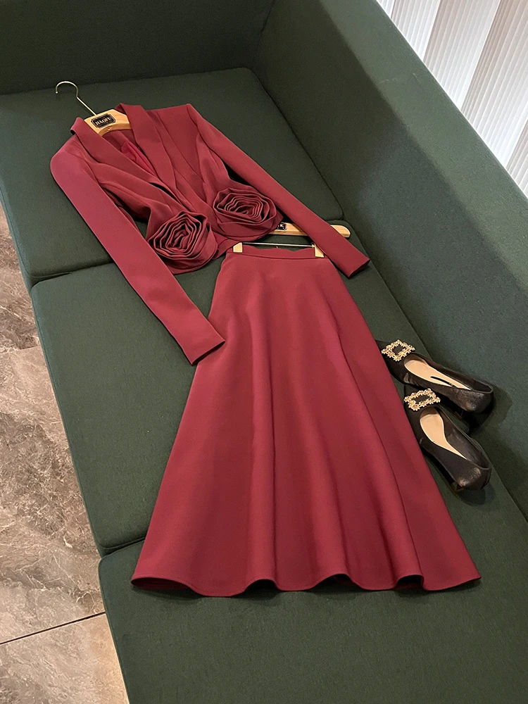 

Spring Commute Short Trimmed Deep V-neck 3D Rose Cutout Women's Suiting Jacket Pure Color Commuter Style Long Sleeve Coat