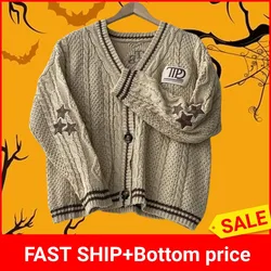 Winter Khaki Knitted Cardigan with Star Embroidered Female Autumn Women Holiday Loose Fit V-neck Oversized Cotton Sweater Tops