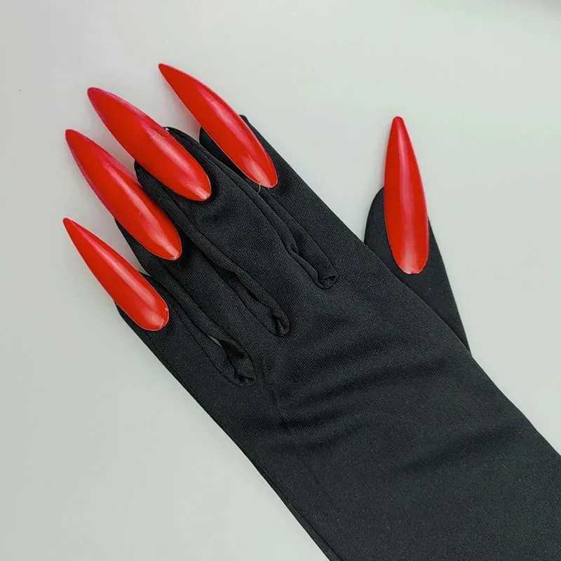 Gants de Cosplay en Satin artificiel astique Noir pour Femme, sulfMitaines, Boule de Maquillage d'Halloween, Sorcière, Ongles Rouges, Fantôme, Chat, Patte de Démon, Performance sur Scène