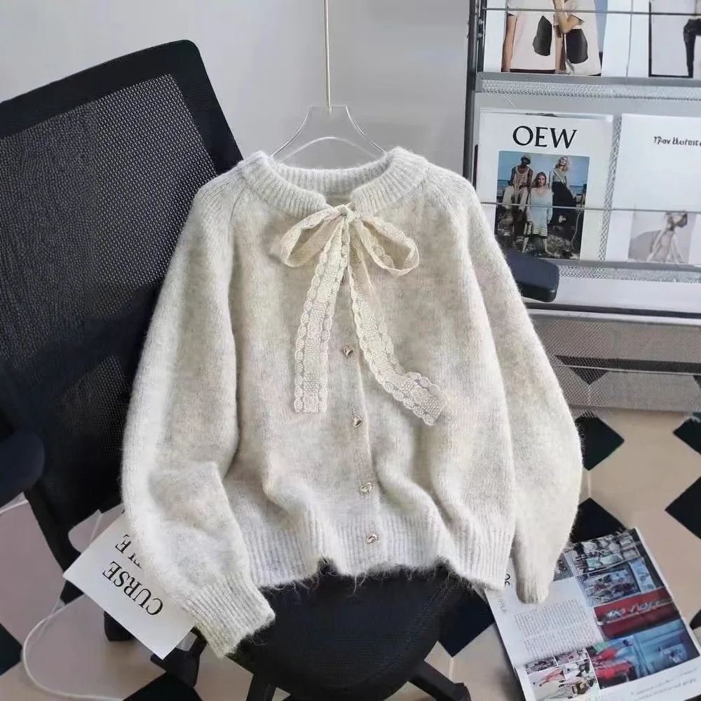 

2025 New Autumn Women's Fashion Thickened Lace Knitted Cardigan Sweater Lazy Style Design Belted Open Front Soft Cozy Outerwear