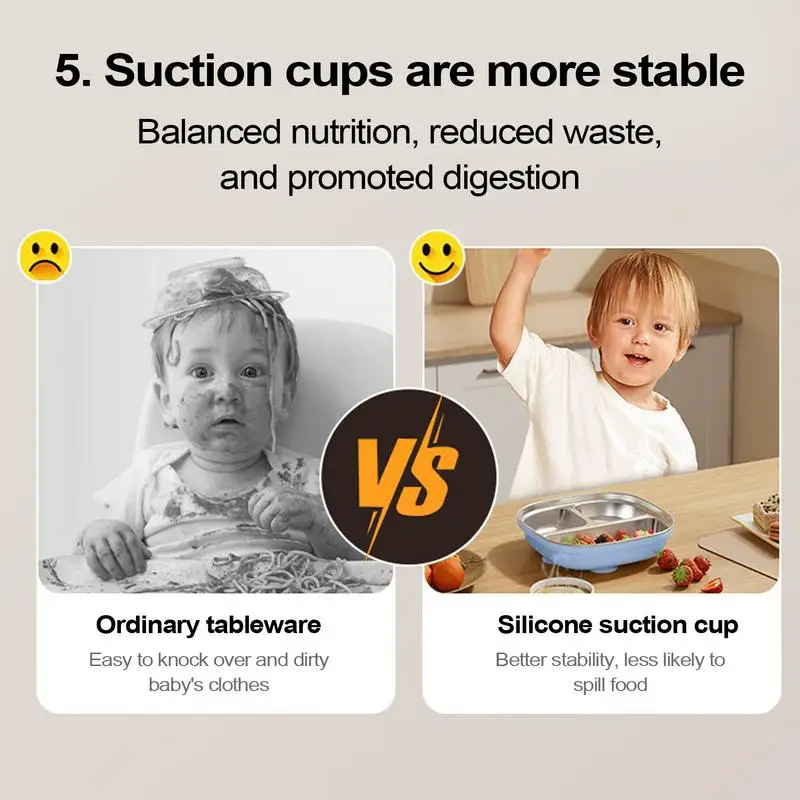 Kids Divided Plates Toddler Dishes Kids Plates Tray Non-Slip Stainless Steel Dinnerware With Suction Cup Dishwasher Safe Bowl