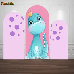 Mocsicka Cute Dinosaur Girl Birthday Party Arched Cover Background Crown Purple Footprints Backdrop Double-sided Decor Photozone