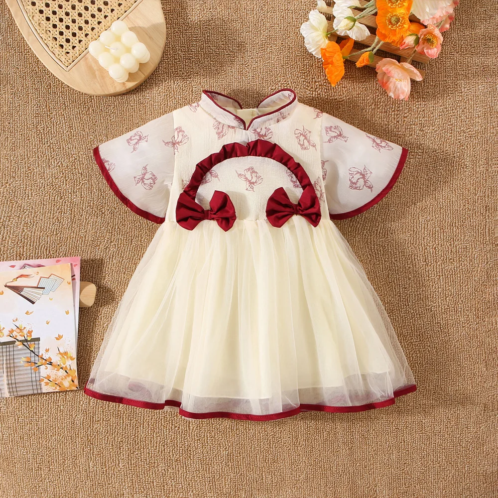 (0-3 Years Old) Summer Baby Girl Cotton Play Mesh Bow Chinese Style Dress Girl Cute Flower Short Sleeved Hanfu Dress