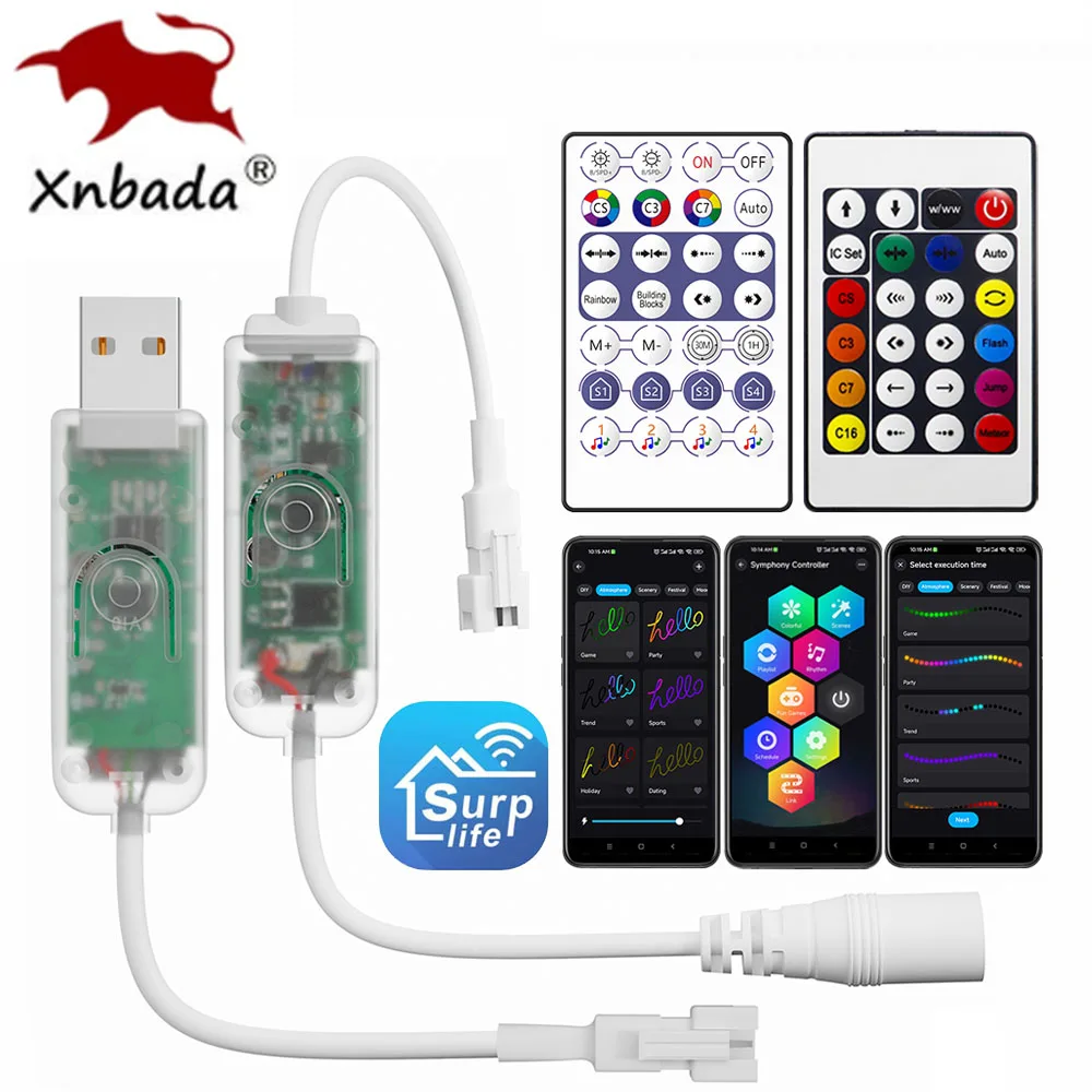 USB5V/DC12-24V WS2812B WS2811 WIFI SPI Music LED Controller 24/28Keys Remote SurpLife App Max Control 2048Pixels Smart Led Strip