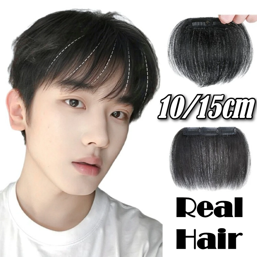 

10cm/15cm 100% Human Clips-on Real Hair Bang Cover High Forehead Natural Black Hair Replacement Invisible Short Bangs for Mens