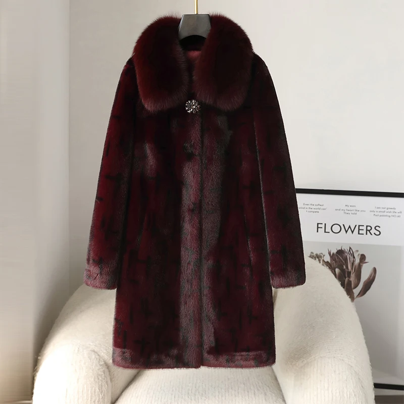 New Middle-aged Women Dress Mink Velvet Coat Women Mid-Length Fox Fur Collar Thickened Sable Fur Mink Cashmere Middle-Aged an...