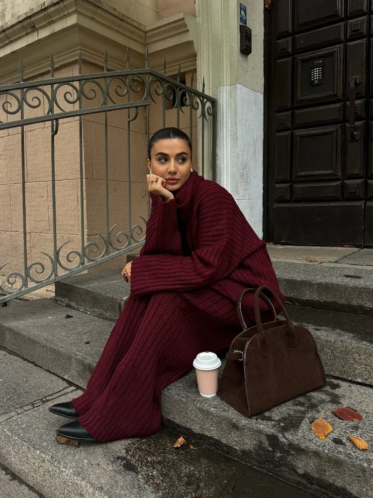 Elegant Knit Burgundy Red Set With Scarf Women Autumn Long Sleeve V-neck Loose Top Set 2024 Fashion Elastic Wide Leg Pants Suit